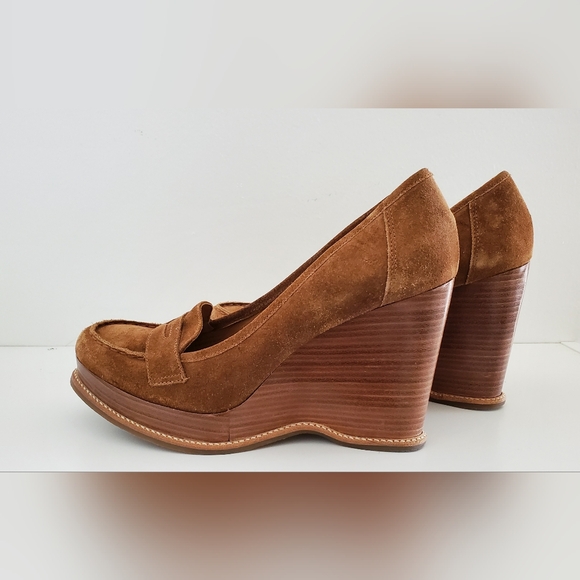 Michael Kors leather loafer wedges in luggage suede 10m - Picture 3 of 9